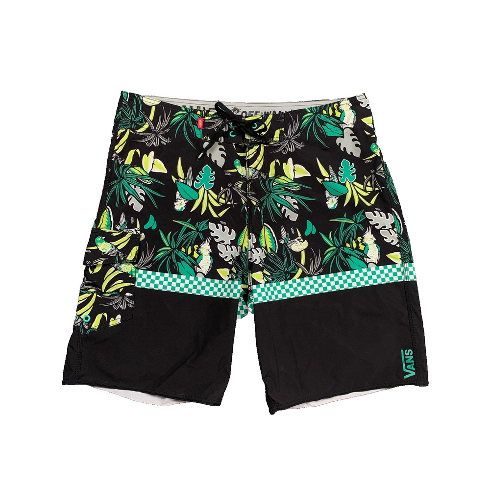 Vans Boardshorts Mens 34 Black Tropical Floral Checkerboard Beach Swim Surfing